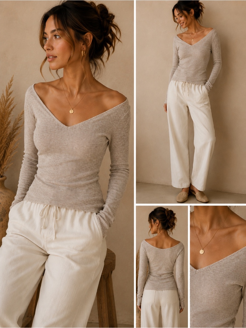 Skin Long Sleeve V-Neck Top — Light Beige Heather